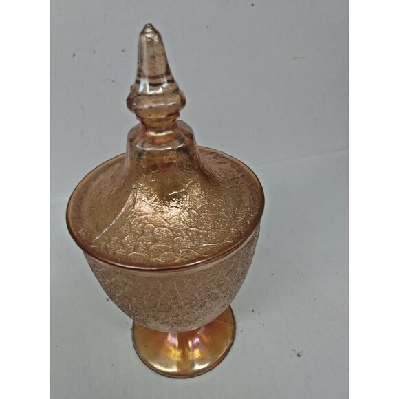 Jeannette Marigold Crackle Textured Candy Compote Jar - Lidded 1930's - Picture 2 of 9